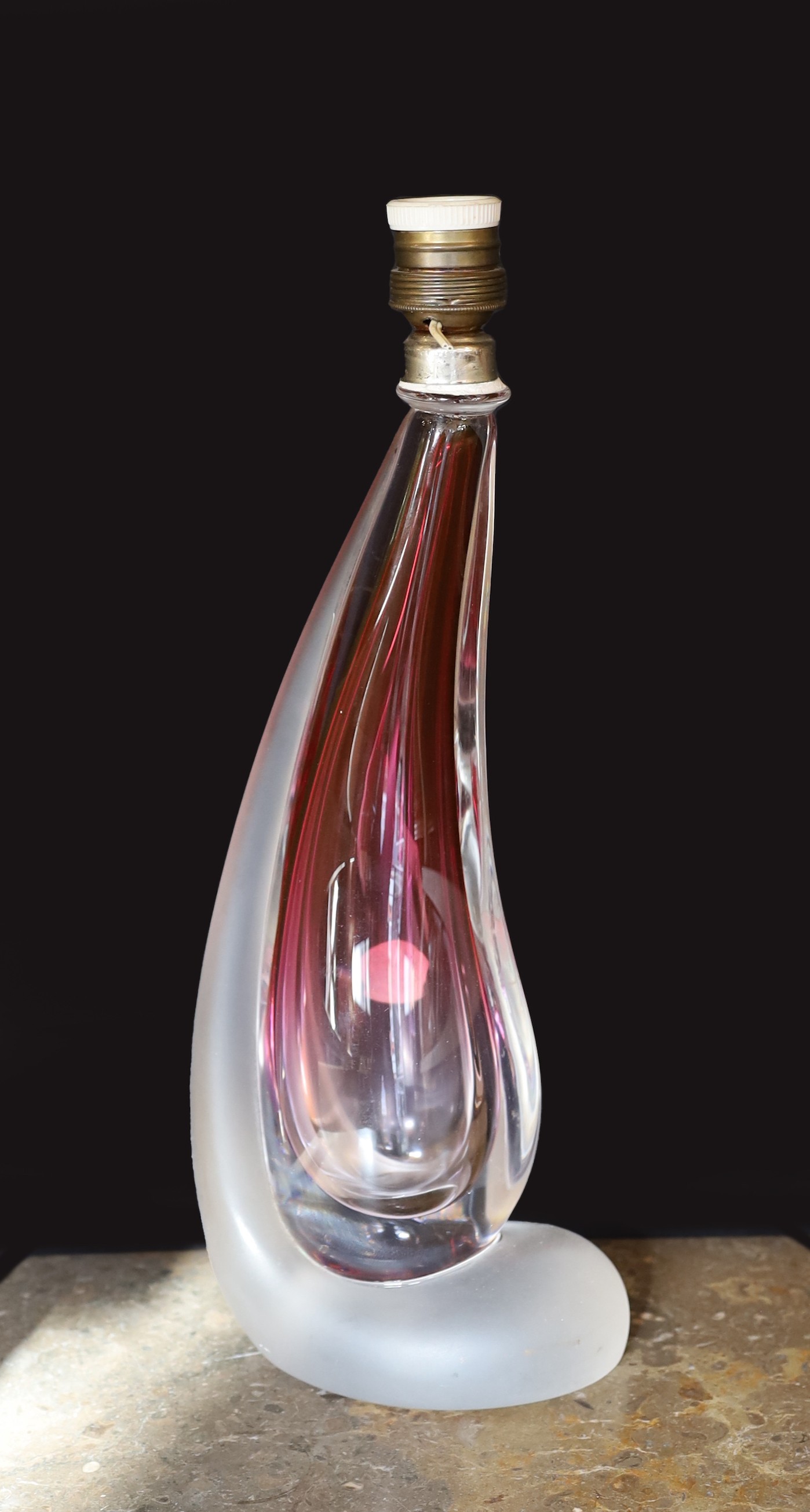 A 1960’s Val St Lambert frosted and cranberry tinted glass table lamp, with original label, height 34cm